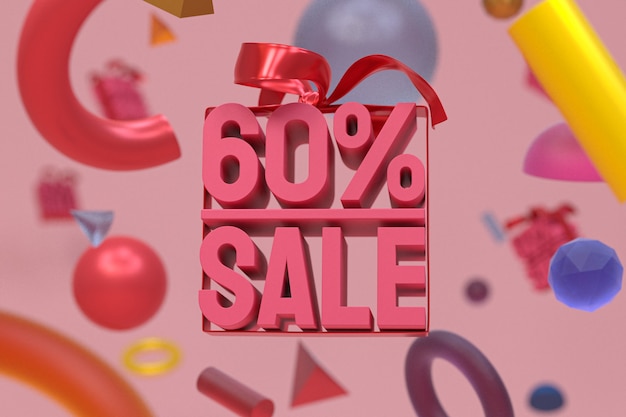 60% Verkauf mit Bogen und Band 3D-Design auf abstrakter Geometrie-Hintergrund