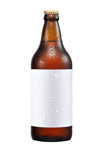600 ml braunes Bier Bierflasche mit Tropfen isoliert ohne Schatten auf weißem Hintergrund