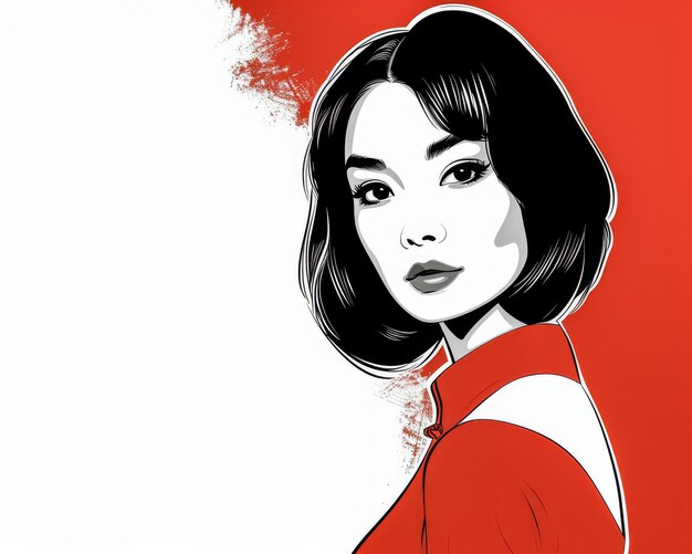 60er-Jahre-Retro-Illustration einer asiatischen Frau in leuchtenden Farben mit Kopierraum für Text