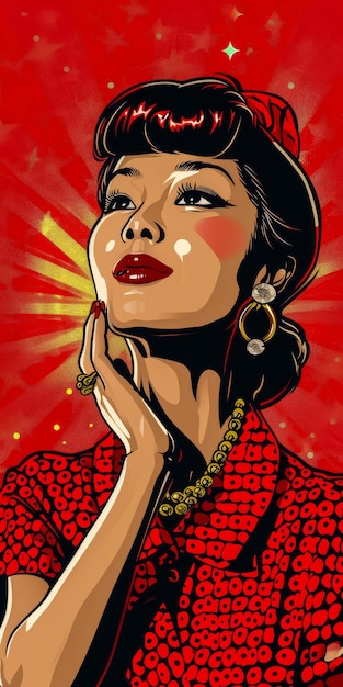 60er-Jahre-Retro-Illustration einer asiatischen Frau in leuchtenden Farben