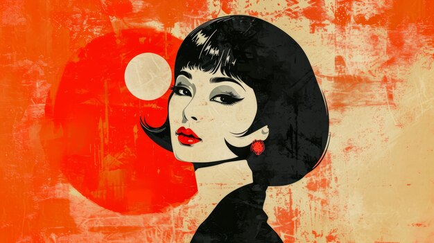 60er-Jahre-Retro-Illustration einer asiatischen Frau in leuchtenden Farben