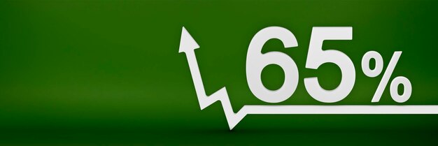 65 por ciento La flecha en el gráfico apunta hacia arriba Aumento de los precios inflación aumento de los ingresos aumento de las tasas de interés impuestos 3d banner sesenta y cinco por ciento signo de descuento en un fondo verde