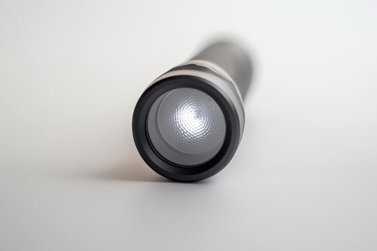 6d Una linterna metálica gris simétrica con un cuerpo de plástico negro mate de estilo ángulo duro en un