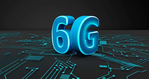 6G 3D-Rendering-Drahtlosnetzwerk und Big-Data-Konzept auf blau leuchtendem Schaltungshintergrund auf Schwarz