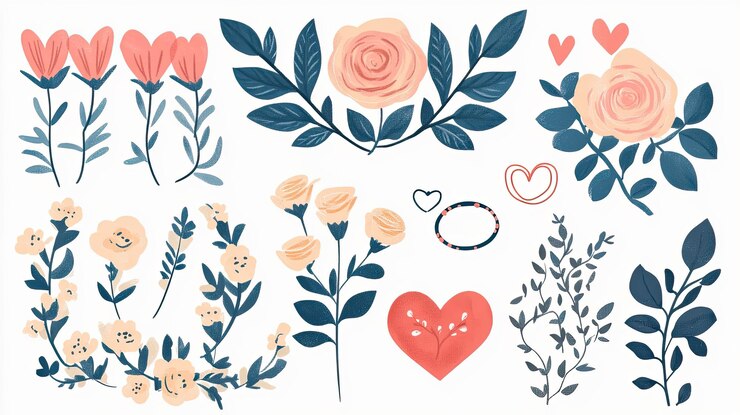 Foto 7 colecção de elementos gráficos 2d coloridos para um convite de casamento com ilustrações para diferentes tipos de elementos românticos, como corações, flores e anéis