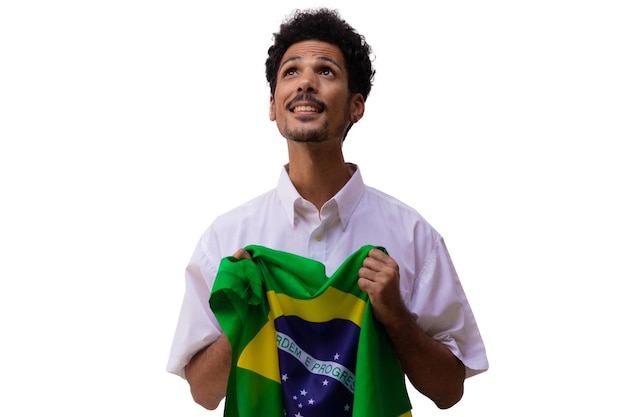 7. September Brasilien Unabhängigkeitstag Schwarzer Mann hält die brasilianische Flagge isoliert