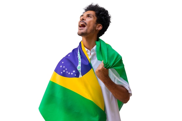 7. September Brasilien Unabhängigkeitstag Schwarzer Mann hält die brasilianische Flagge isoliert