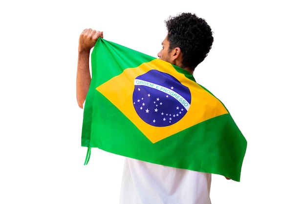 7 de septiembre Día de la Independencia de Brasil El hombre negro sostiene la bandera brasileña aislada