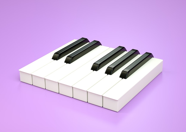 7 teclas de piano, una octava. Concepto de música. Ilustración 3D aislada sobre fondo morado