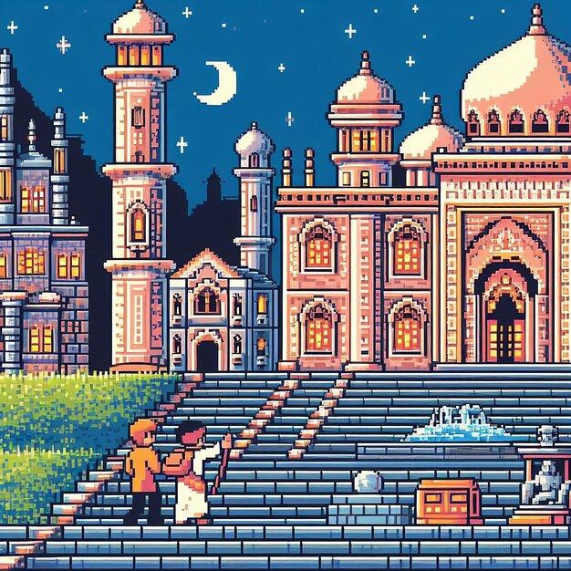 8 bits gráficos pixels cena com pessoa e palácio