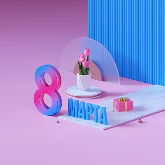 8 de março banner com renderização 3d de tulipas para instagram