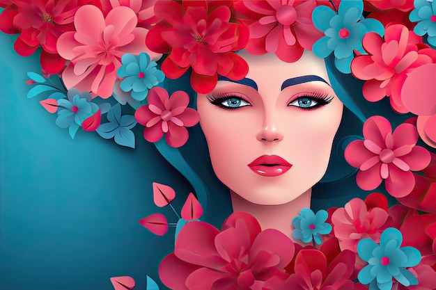 8 de Março: Feliz Dia Internacional da Mulher com retrato de jovem, flores e espaço vazio para texto, composição floral romântica, flores no cabelo, turquesa escura, vermelho claro.