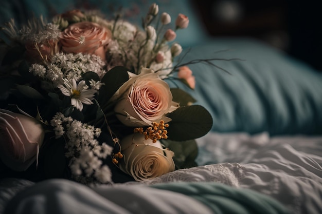 8 de março, presente para mulheres, buquê de flores na ilustração da cama IA generativa