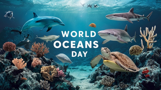 Foto 8. juni - welttag der ozeane mit unterwasser, ozean, delfin, hai, korallen, meerespflanzen, stacheln und schildkröten