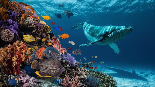 8. Juni - Welttag der Ozeane mit Unterwasser, Ozean, Delfin, Hai, Korallen, Meerespflanzen, Stacheln und Schildkröten