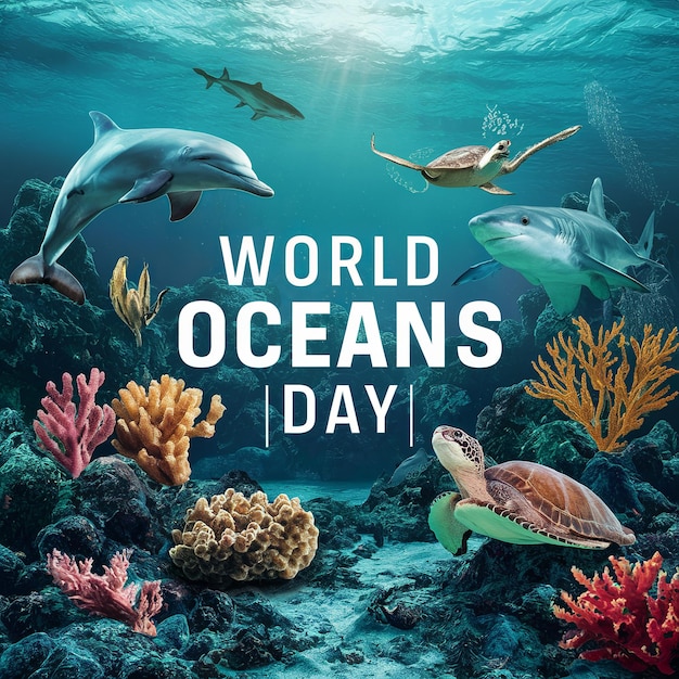 8 de junio Día Mundial de los Océanos con delfines submarinos, tiburones, corales, plantas marinas, rayas y tortugas