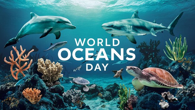 8 de junio Día Mundial de los Océanos con delfines submarinos, tiburones, corales, plantas marinas, rayas y tortugas