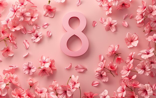 8. März-Banner Nummer 8 auf rosa Blumen-Hintergrund