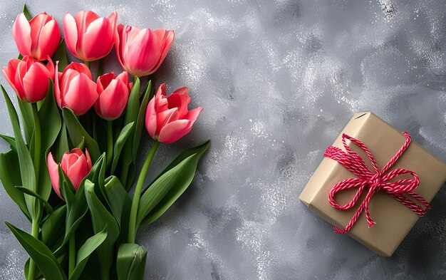 8. März-Karten-Design mit Tulpen-Geschenk und Platz für Text