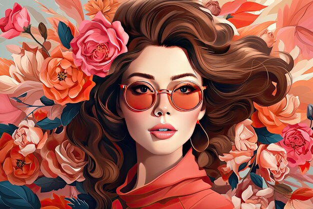 8 de marzo feliz día de la mujer con flores de rosa único realista mujer con fondo floral exótico retrato de moda de una chica con flores gigantescas aspecto expresivo con colores de otoño