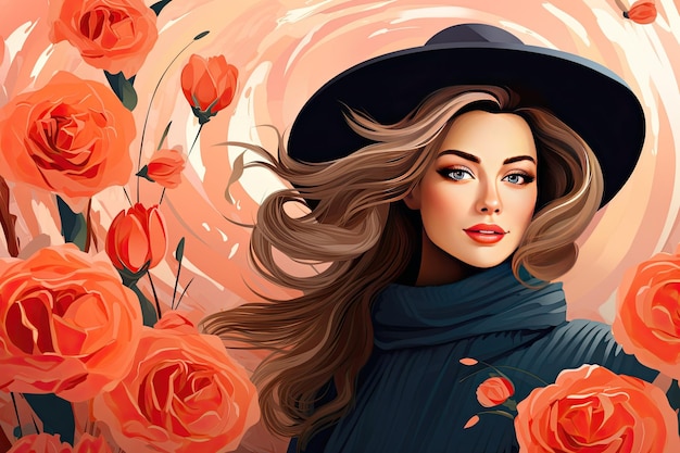 8 de marzo feliz día de la mujer con flores de rosa único realista mujer con fondo floral exótico retrato de moda de una chica con flores gigantescas aspecto expresivo con colores de otoño