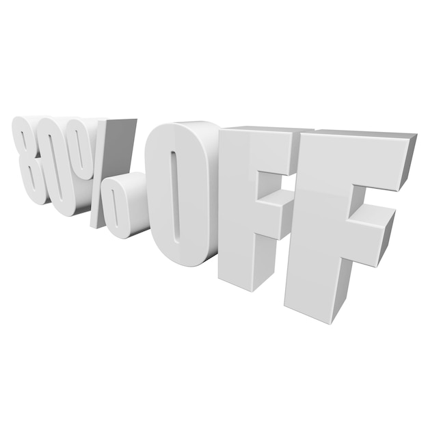 80% de descuento en letras 3D en fondo blanco