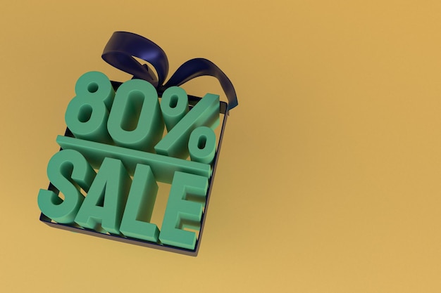80% Verkauf mit Schleife und Band 3D-Design auf leerem Hintergrund