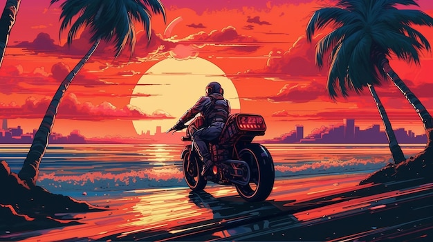 80er-Jahre-Anime-Ästhetik-Sonnenuntergang an einem Strand, Palmen, Motorrad-Sonnenuntergang-Hintergrund, KI-generiertes Bild