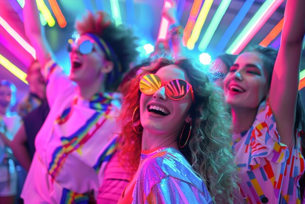 80er-Jahre Retro Bash Farbige Kostüme Neonlichter Gruppe von Freunden tanzen zu klassischen Hits in nostalgischer C