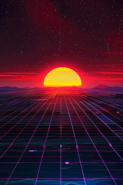 80er-Jahre Synth-Wellen Sonnenuntergang Gitter von digitalen Linien im Vordergrund leuchtende Neonfarben orangefarbener Gradient am Horizont dunkellila Himmel
