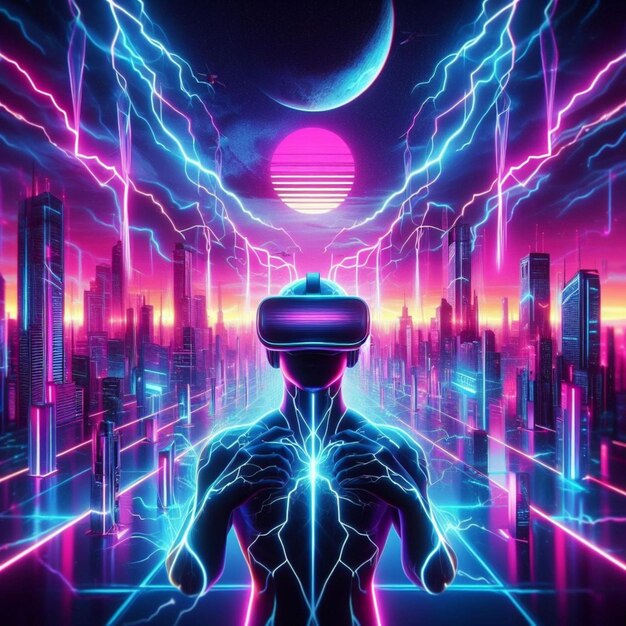 80s Retro SciFi Background com estilo de iluminação de fone de ouvido VR com realidade virtual