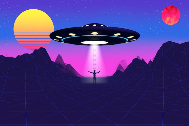 80s Synthwave estilo paisagem com estrada, montanhas, sol despojado, planeta e UFO Alien Spaceship closeup extrema. Renderização 3D