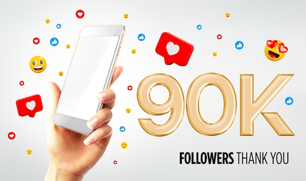 90.000 Follower feiern mit einem mobilen Smartphone in der Hand mit leerem Bildschirm 3D-Rendering