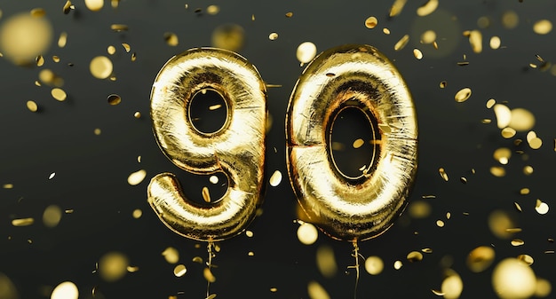 90 anos. Balões de ouro número 90º aniversário, parabéns feliz aniversário, com confete caindo
