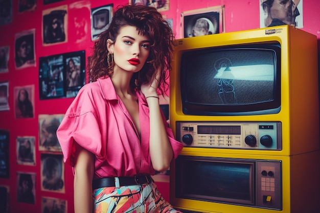 90er-Jahre-Hipster im Memphis-Stil 1990er-Jahre-Retro-Musikparty Funky Retrowave-Kassettenzeit-Tonbandgerät Neon Mode-Streetstyle heller Look importierte Kleidung stimmungsvoller Stil Generative KI