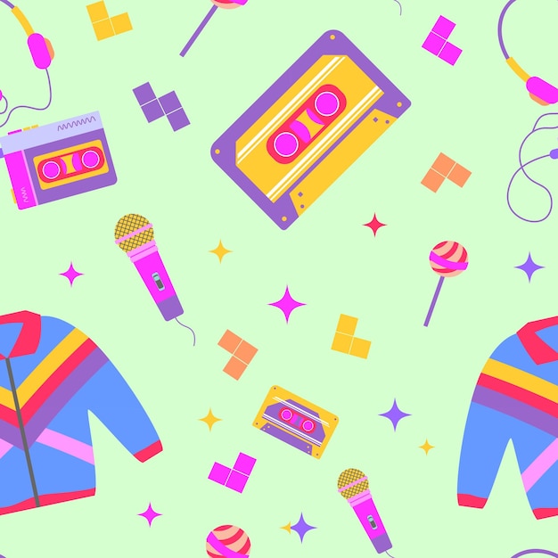 90er-Jahre-Retro-Muster mit süßen, trendigen, hellen, mehrfarbigen Elementen Vektorillustration