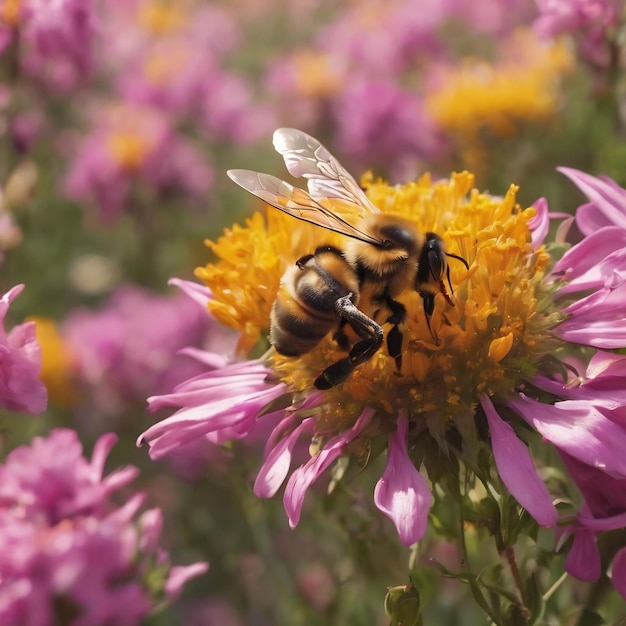 A abelha alada voa lentamente para o apicultor coletar néctar em um apiário privado de flores vivas