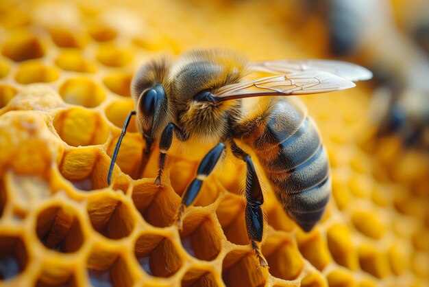 A abelha coleta o pólen de uma flor de perto da apicultura de insetos ou apicultura