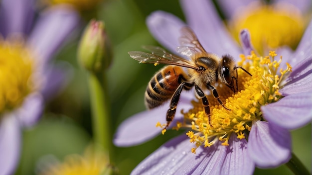 A abelha coleta o pólen de uma flor