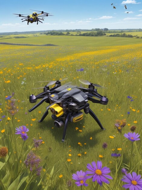 Foto a abelha drone paira graciosamente sobre um campo de flores silvestres vibrantes seu corpo esbelto brilhando