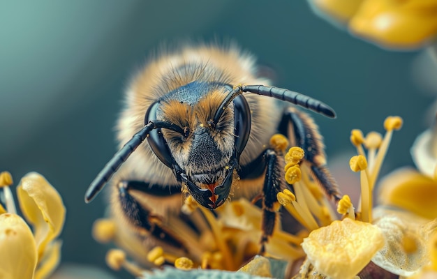 A abelha polinizando a flor amarela