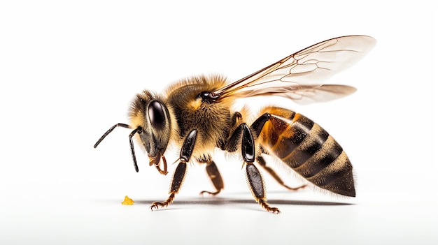 A abelha pousando em fundo branco em close-up