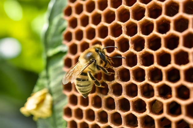 A abelha trabalha no favo de mel na primavera e no fundo do verão