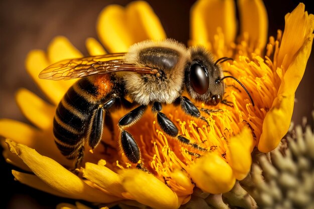 A abelha trabalhadora útil senta-se na flor da abelha e recolhe o pólen