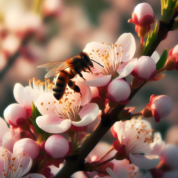 Foto a abelha zumba preguiçosamente entre as flores intoxicada pela doçura do verão uma cena serena da natureza