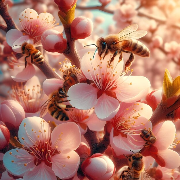 Foto a abelha zumba preguiçosamente entre as flores intoxicada pela doçura do verão uma cena serena da natureza