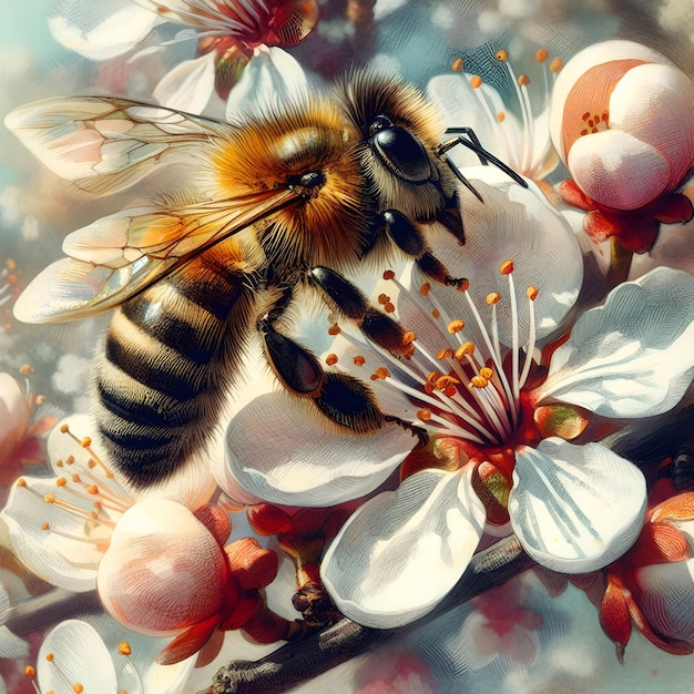 Foto a abelha zumba preguiçosamente entre as flores intoxicada pela doçura do verão uma cena serena da natureza