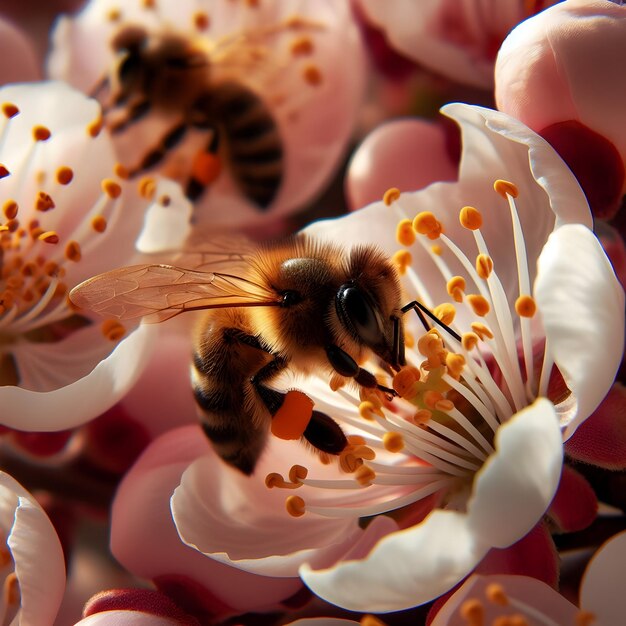 Foto a abelha zumba preguiçosamente entre as flores intoxicada pela doçura do verão uma cena serena da natureza