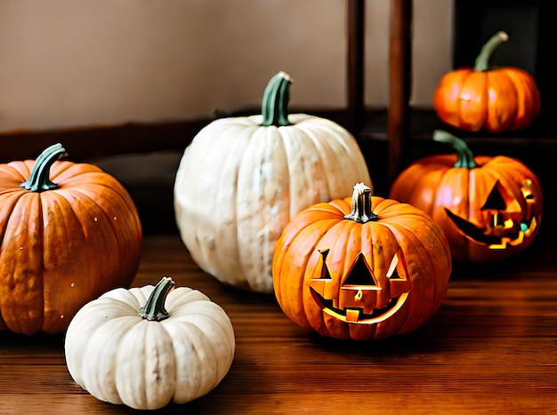 A abóbora realista de Halloween cria uma atmosfera aconchegante em uma paleta neutra quente com uma foto de restaurante altamente detalhada e convidativa de ninguém.