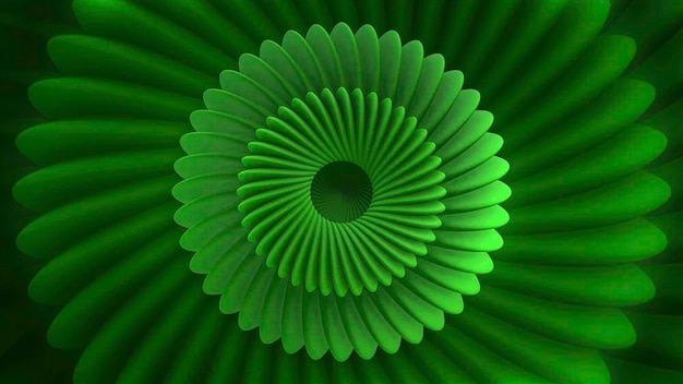 A abstração verde brilhante move uma espiral semelhante a uma flor que gira e muda de escala